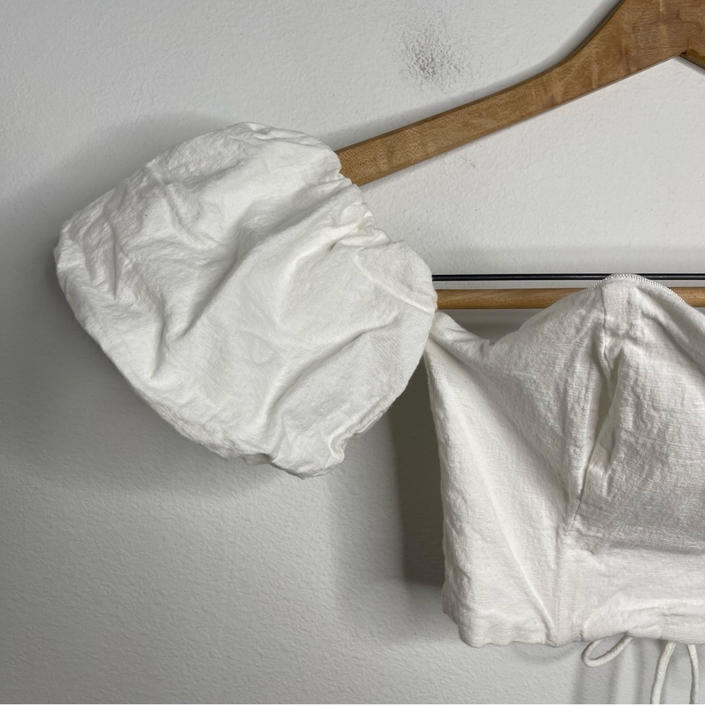 SEVEN Wonders Ivory Puff Sleeve Off Shoulder Cotton Tie Corset Crop Top Sz S - Picture 5 of 16